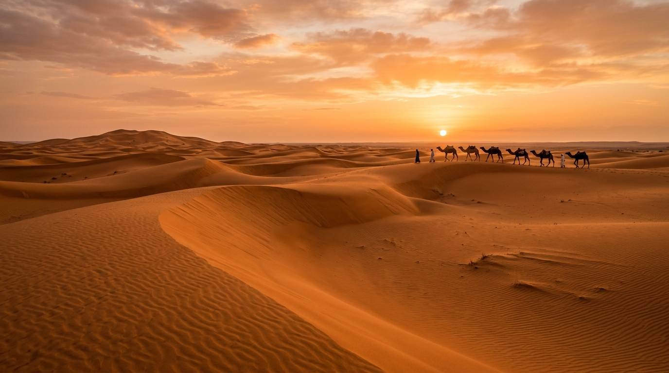 Erg Chigaga Sunset Camel Caravan in Sahara
